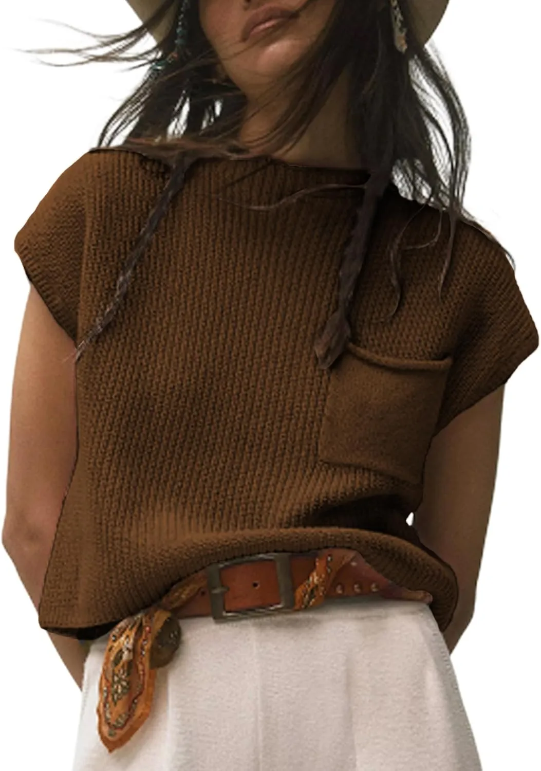 Himosyber Women's Solid Sleeveless Vest Mock Neck Cap Sleeve Knitwear Sweater Tops