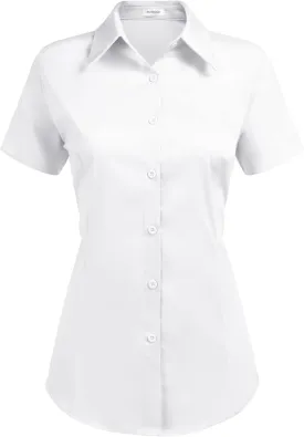 HOTOUCH Women's Basic Button Up Shirt Short Sleeve Stretchy Button Down Collared Shirts Waitress Work Shirt