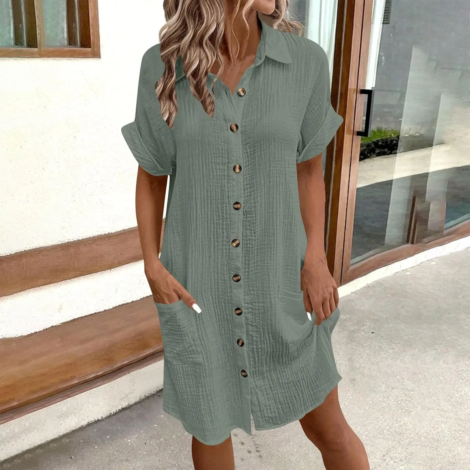 JOAU Womens Summer Length Knee Shirt Dress Casual Rolled Short Sleeve Lapel Collar Button Down Loose Dresses with Pockets