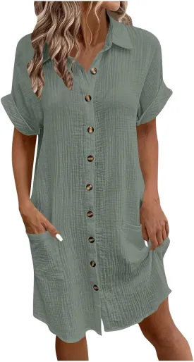 JOAU Womens Summer Length Knee Shirt Dress Casual Rolled Short Sleeve Lapel Collar Button Down Loose Dresses with Pockets
