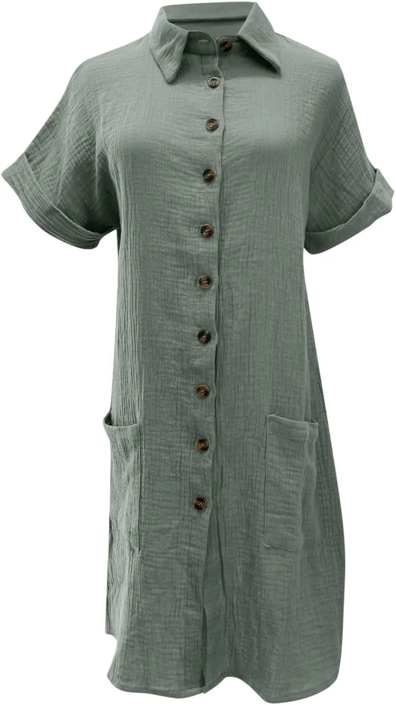 JOAU Womens Summer Length Knee Shirt Dress Casual Rolled Short Sleeve Lapel Collar Button Down Loose Dresses with Pockets