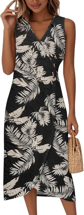 Kenvina Maxi Dresses for Women Summer Sleeveless Beach Vacation Dress Wrap Tank Dress Casual V Neck Irregular Hem Sundress