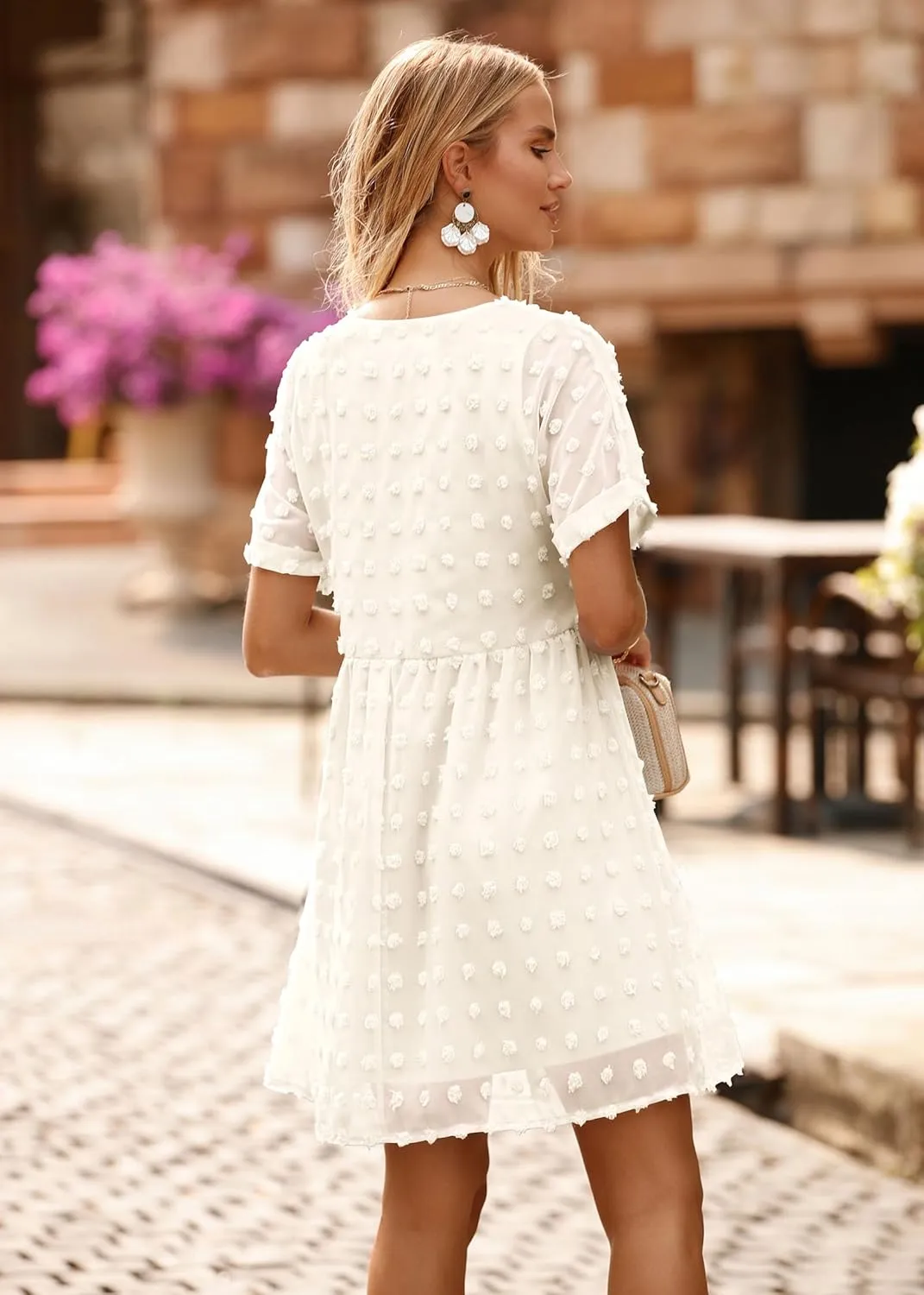 KIRUNDO Womens Summer Dresses 2024 Casual V Neck Short Sleeve Swiss Dot Ruffle Loose Flowy Mini Babydoll Dress