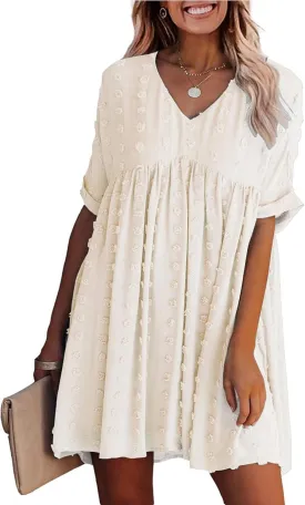 KIRUNDO Womens Summer Dresses 2024 Casual V Neck Short Sleeve Swiss Dot Ruffle Loose Flowy Mini Babydoll Dress