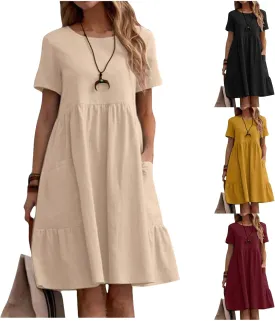 Linen Dresses for Women 2025 Summer Short Sleeve Crewneck Dress Tiered Midi Dresses Loose Flowy Dress with Pockets