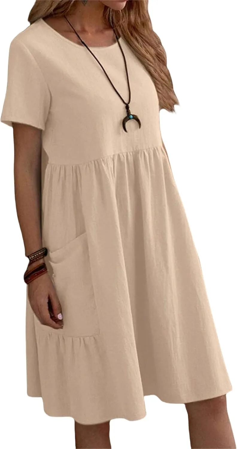 Linen Dresses for Women 2025 Summer Short Sleeve Crewneck Dress Tiered Midi Dresses Loose Flowy Dress with Pockets