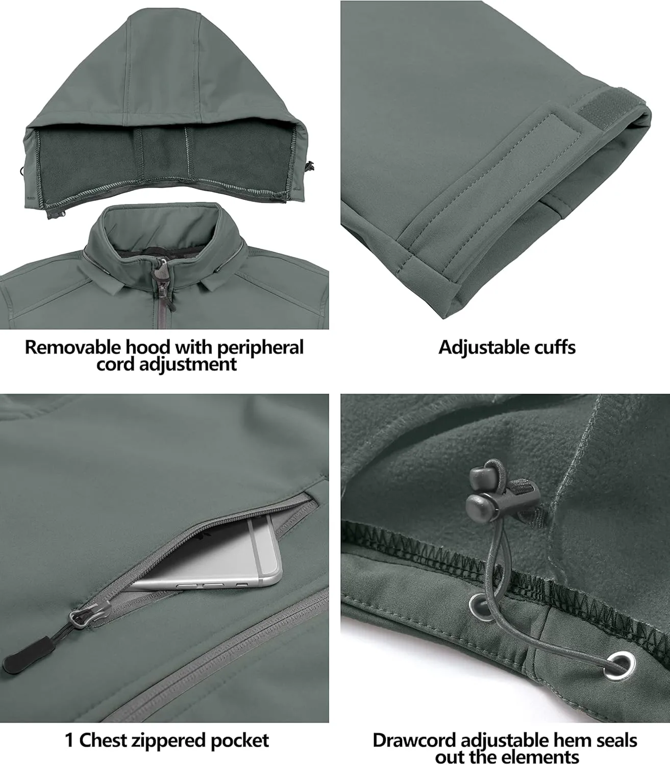 Little Donkey Andy Mens Softshell Jacket with Removable Hood, Fleece Lined