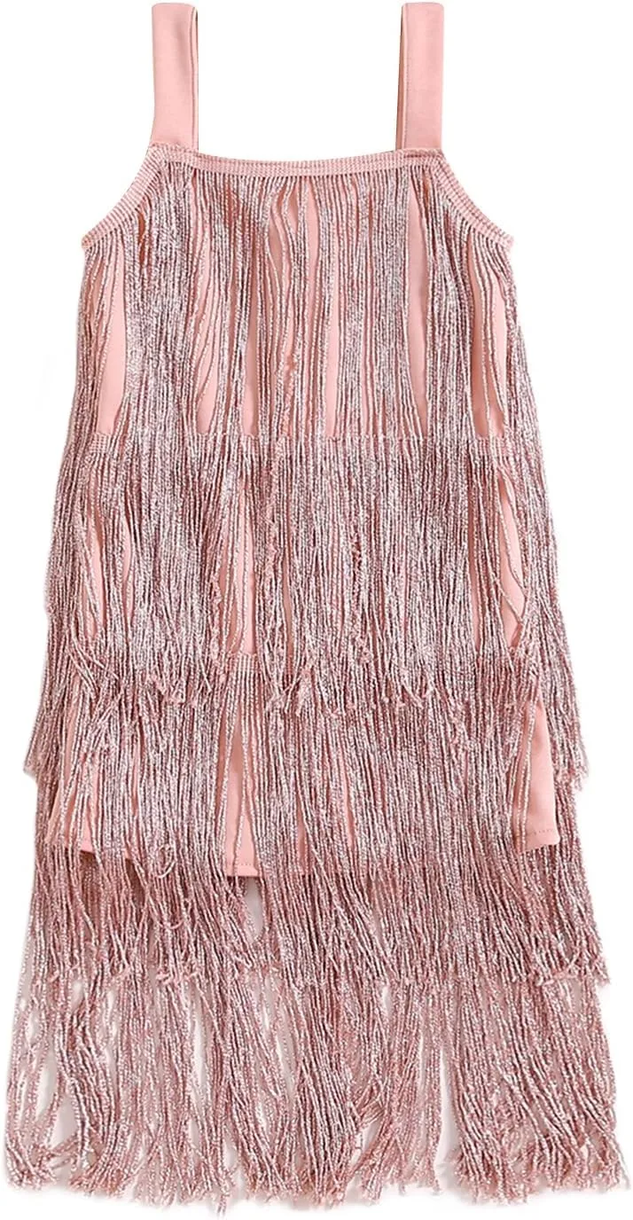 Little Kids Girls Sparkly Tassels Dress Sleeveless Square Neck Sequin Fringe Layer Zip Back Summer Party Latin Dresses