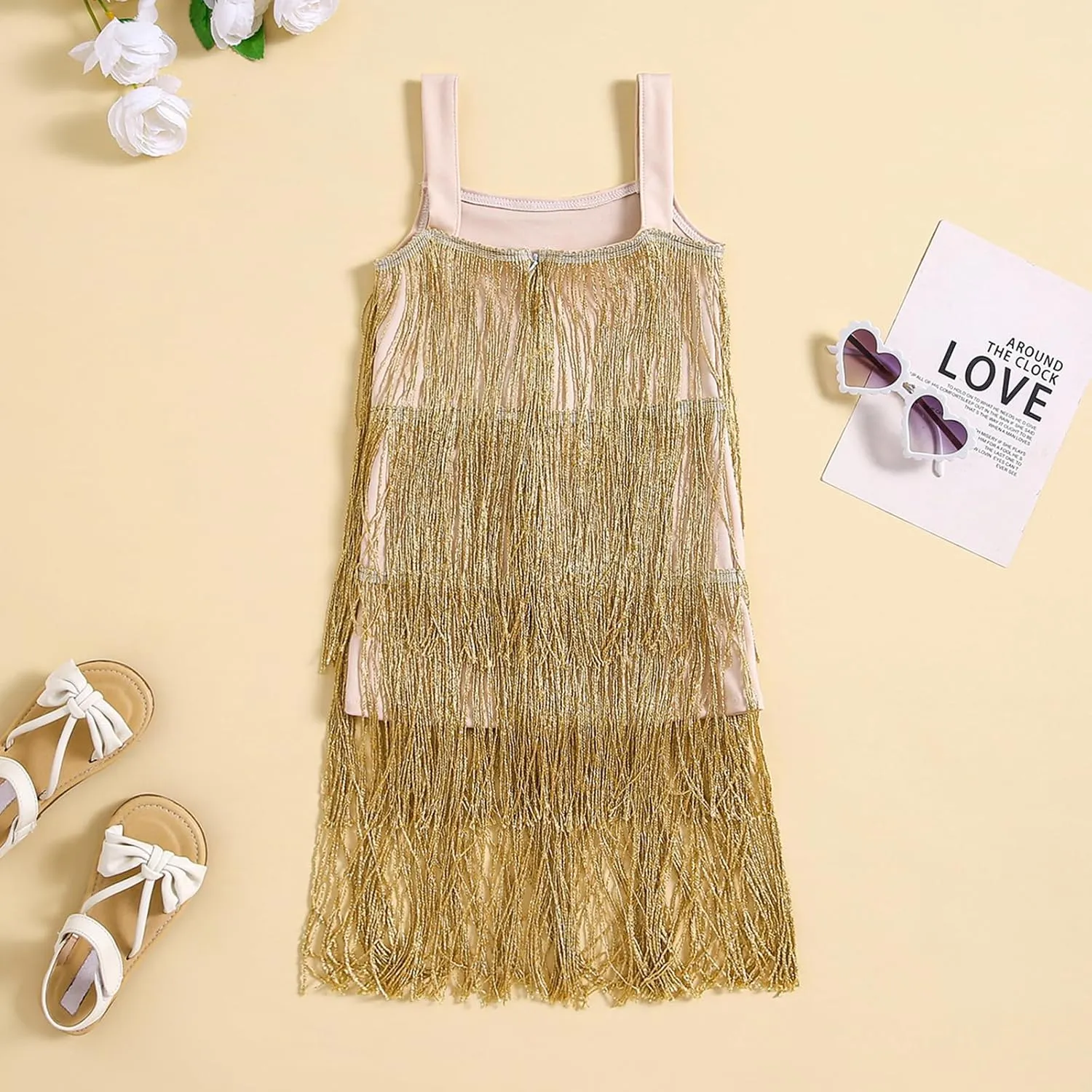 Little Kids Girls Sparkly Tassels Dress Sleeveless Square Neck Sequin Fringe Layer Zip Back Summer Party Latin Dresses