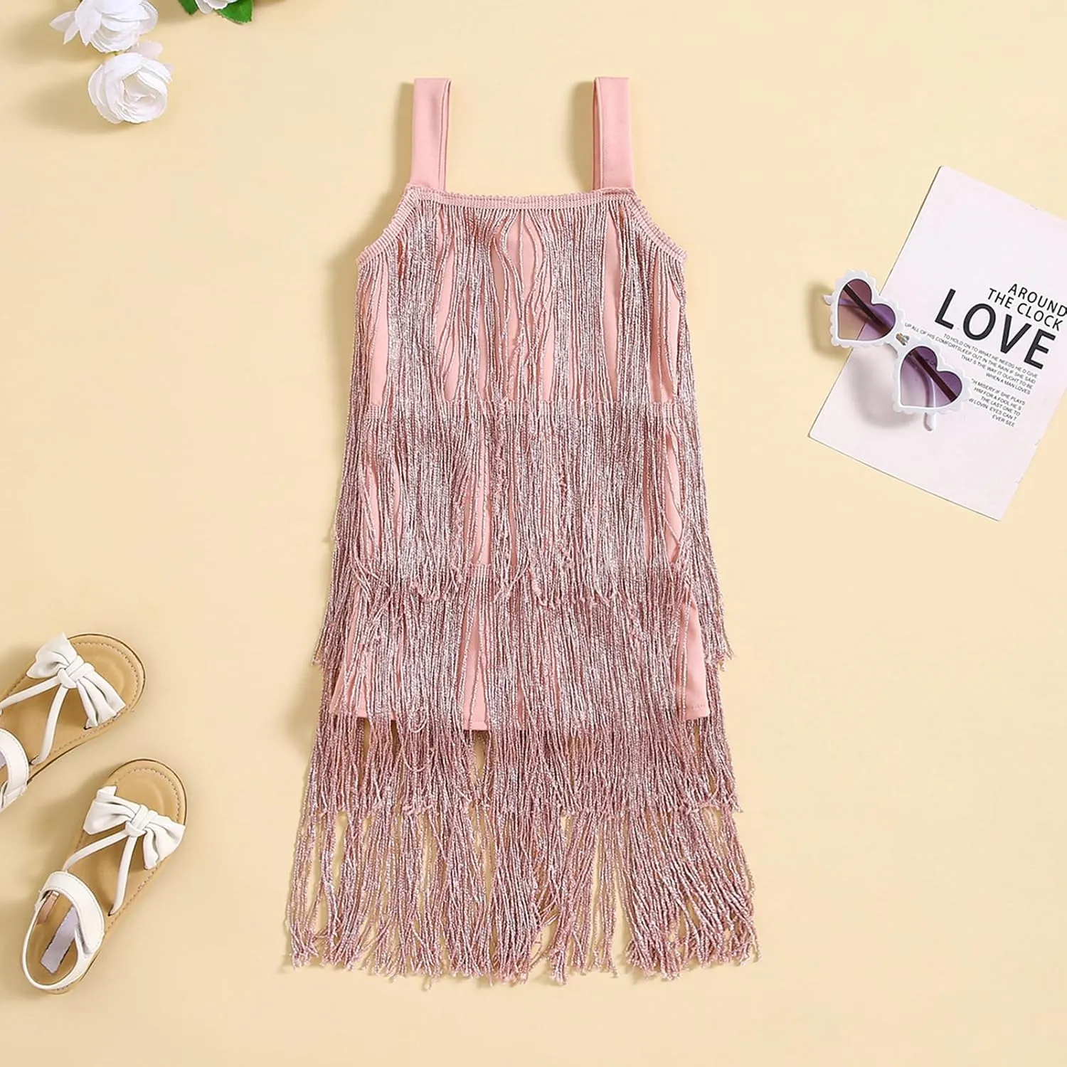 Little Kids Girls Sparkly Tassels Dress Sleeveless Square Neck Sequin Fringe Layer Zip Back Summer Party Latin Dresses