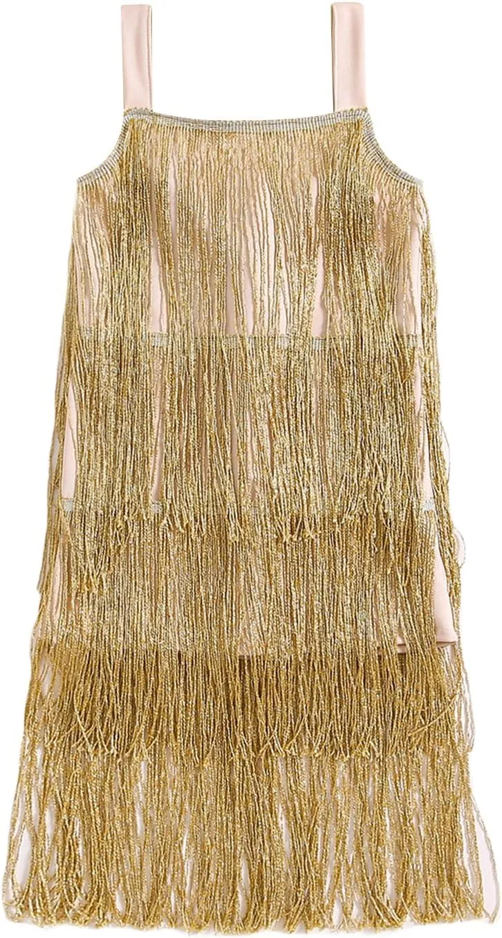 Little Kids Girls Sparkly Tassels Dress Sleeveless Square Neck Sequin Fringe Layer Zip Back Summer Party Latin Dresses
