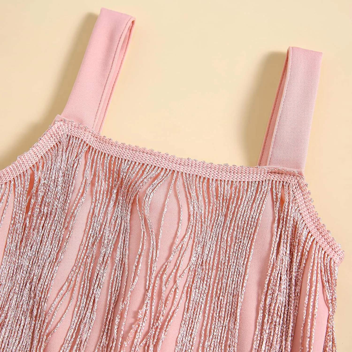 Little Kids Girls Sparkly Tassels Dress Sleeveless Square Neck Sequin Fringe Layer Zip Back Summer Party Latin Dresses