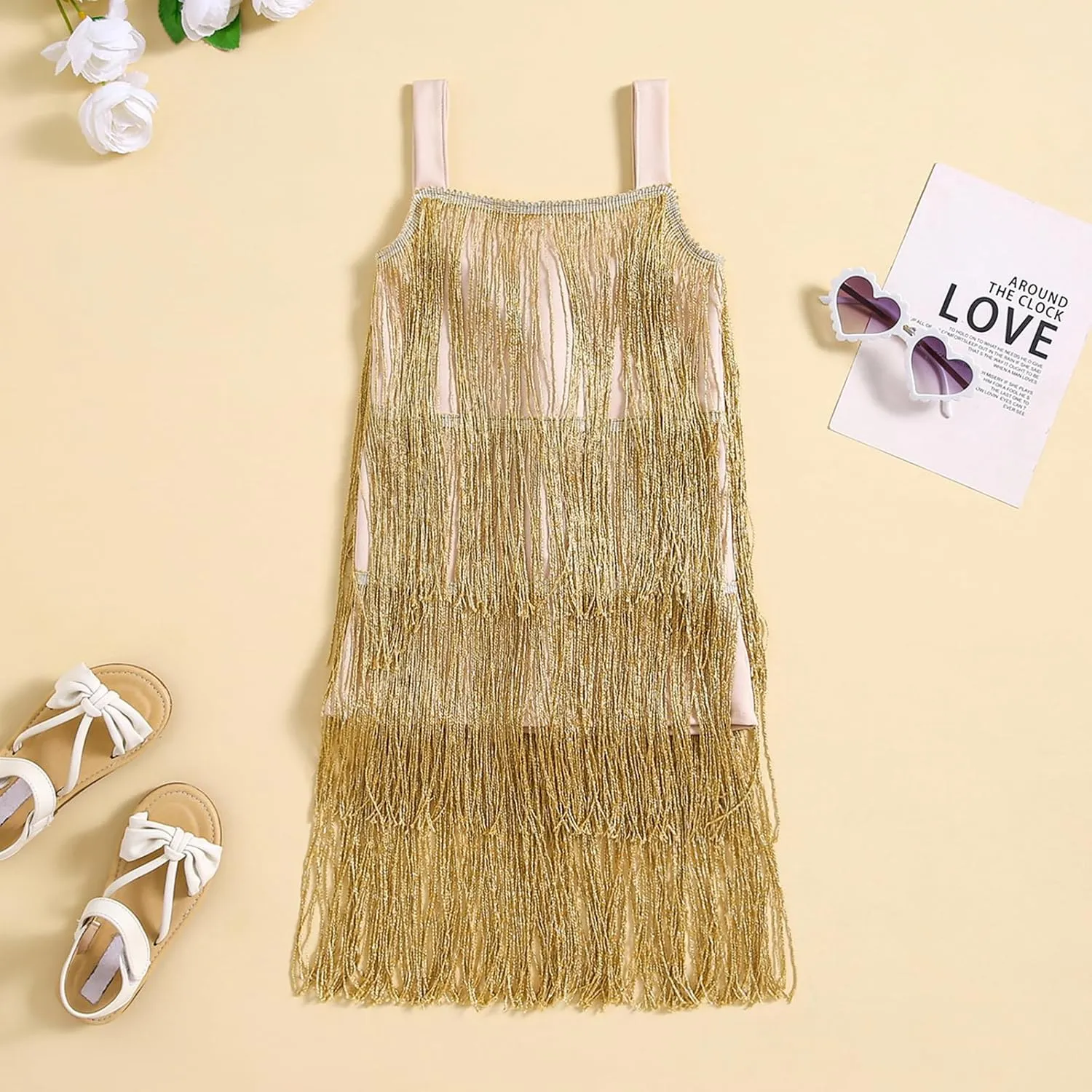 Little Kids Girls Sparkly Tassels Dress Sleeveless Square Neck Sequin Fringe Layer Zip Back Summer Party Latin Dresses