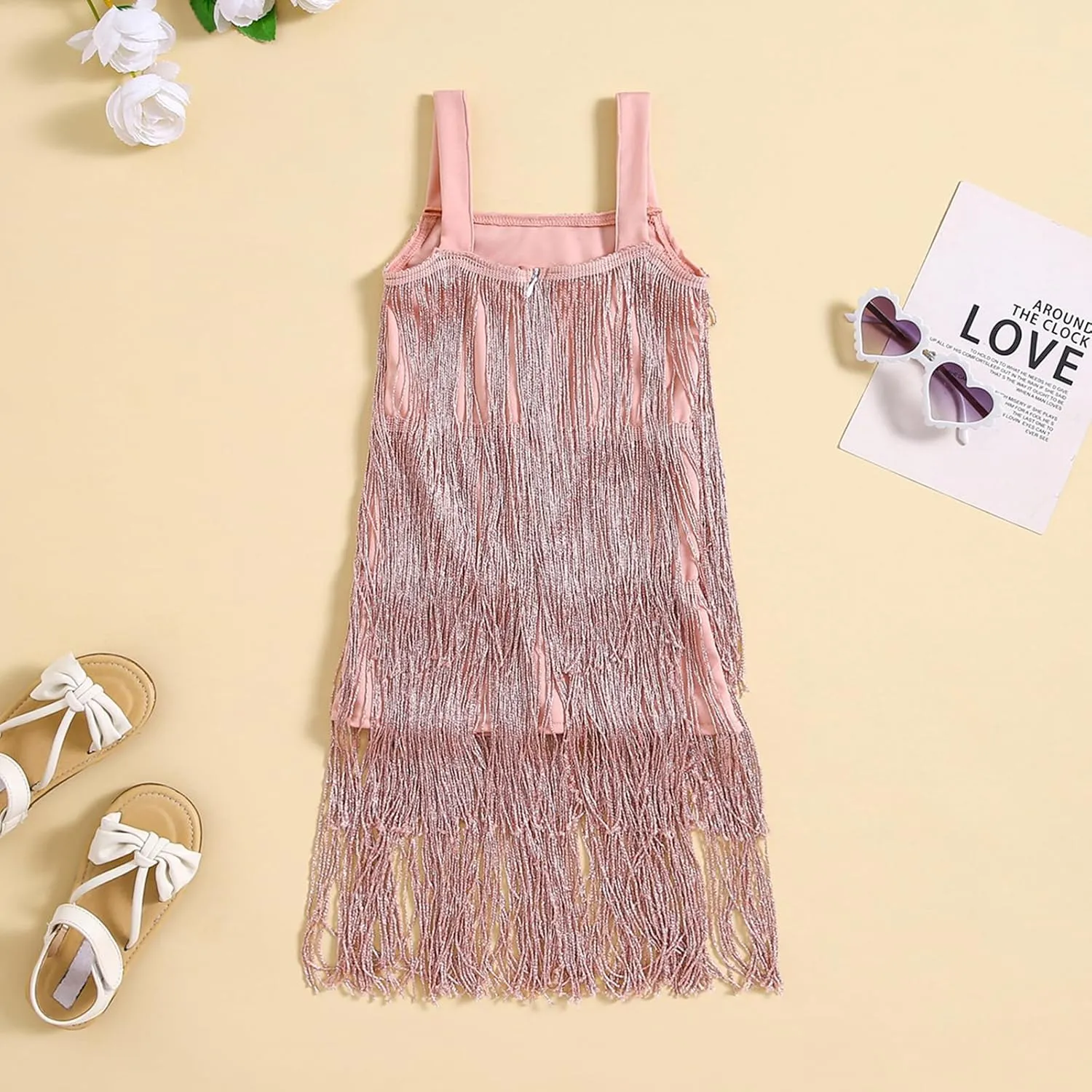 Little Kids Girls Sparkly Tassels Dress Sleeveless Square Neck Sequin Fringe Layer Zip Back Summer Party Latin Dresses