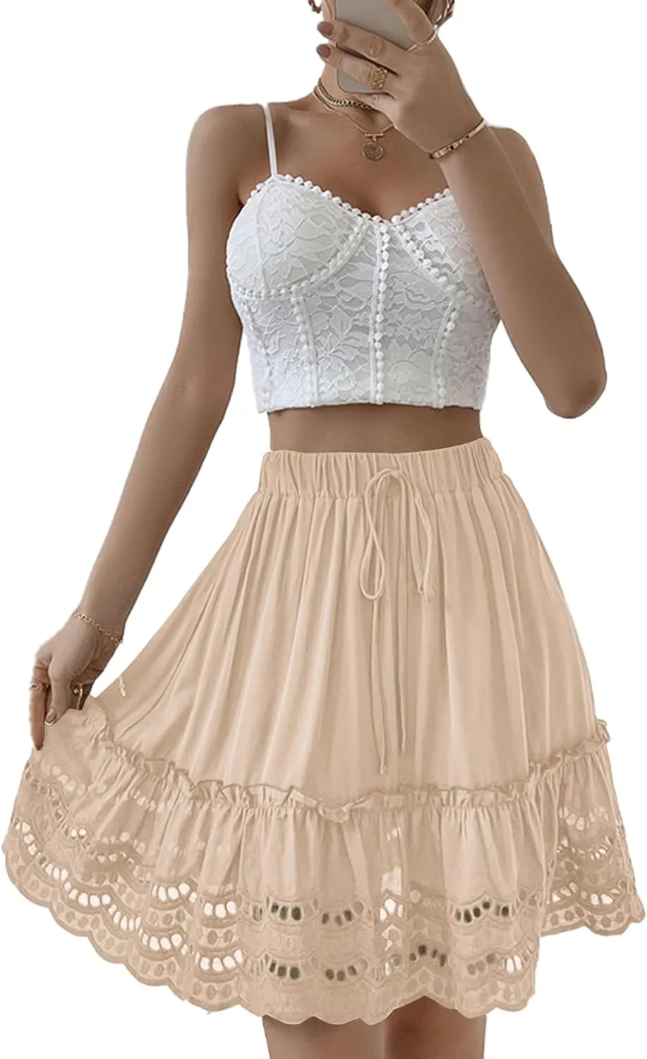 LYANER Women's Elastic Waist Self Tie Pullover Scallop Hem Pleated Casual Mini Skirt
