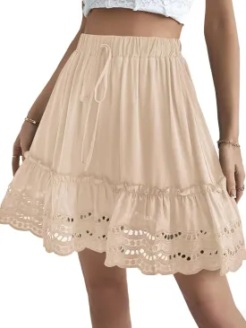 LYANER Women's Elastic Waist Self Tie Pullover Scallop Hem Pleated Casual Mini Skirt