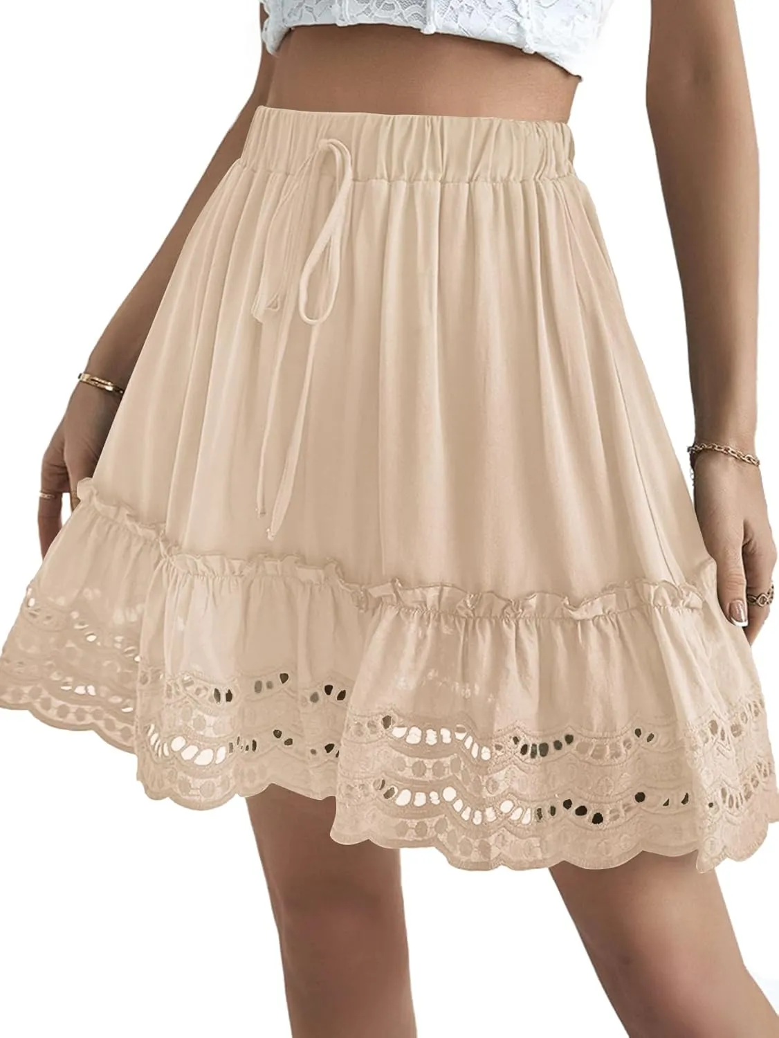LYANER Women's Elastic Waist Self Tie Pullover Scallop Hem Pleated Casual Mini Skirt