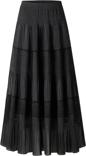 Maxi Skirts for Women Pleated Long Flowy Chiffon Elastic Waist Tiered A Line Skirt