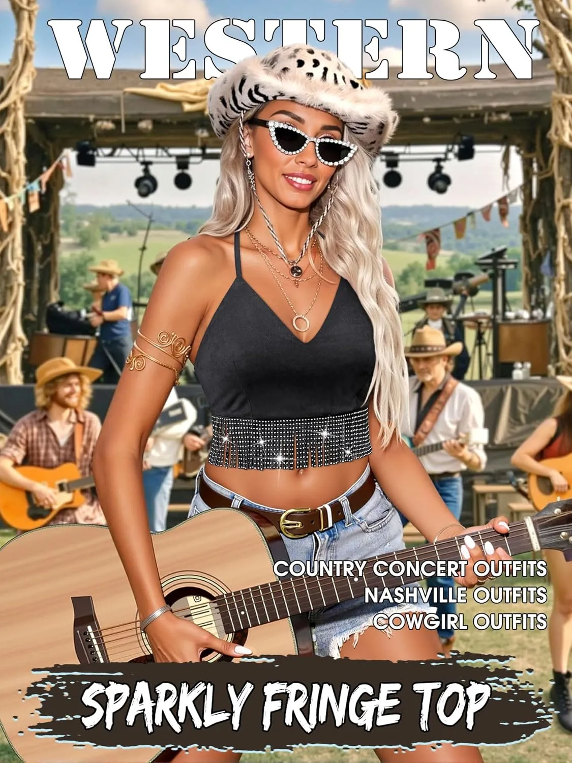 MYMORE Womens Sparkly Rhinestone Fringe Faux Suede Halter Top Western Cowgirl Crop Top Shirt Nashville Country Concert Outfit