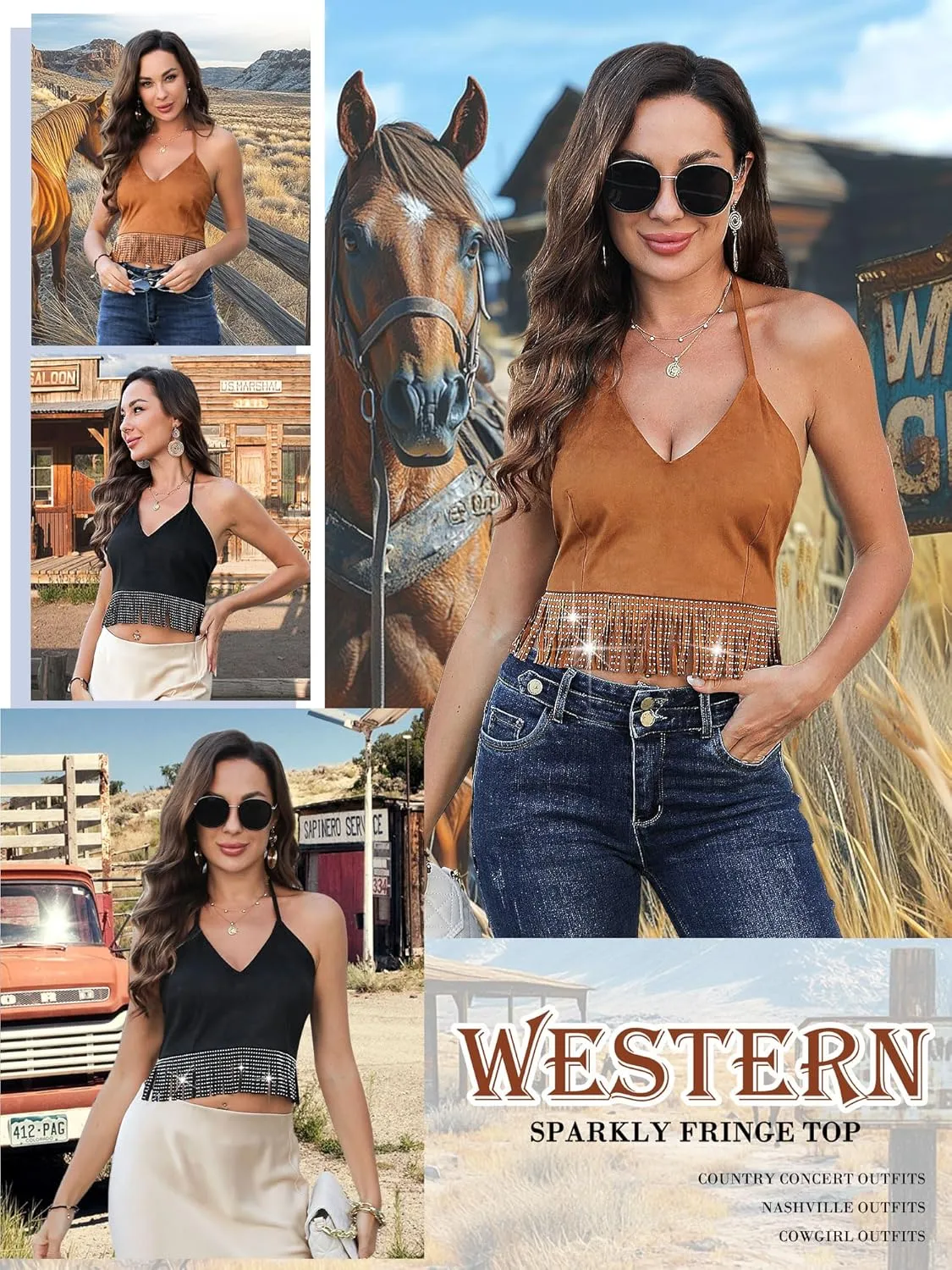 MYMORE Womens Sparkly Rhinestone Fringe Faux Suede Halter Top Western Cowgirl Crop Top Shirt Nashville Country Concert Outfit