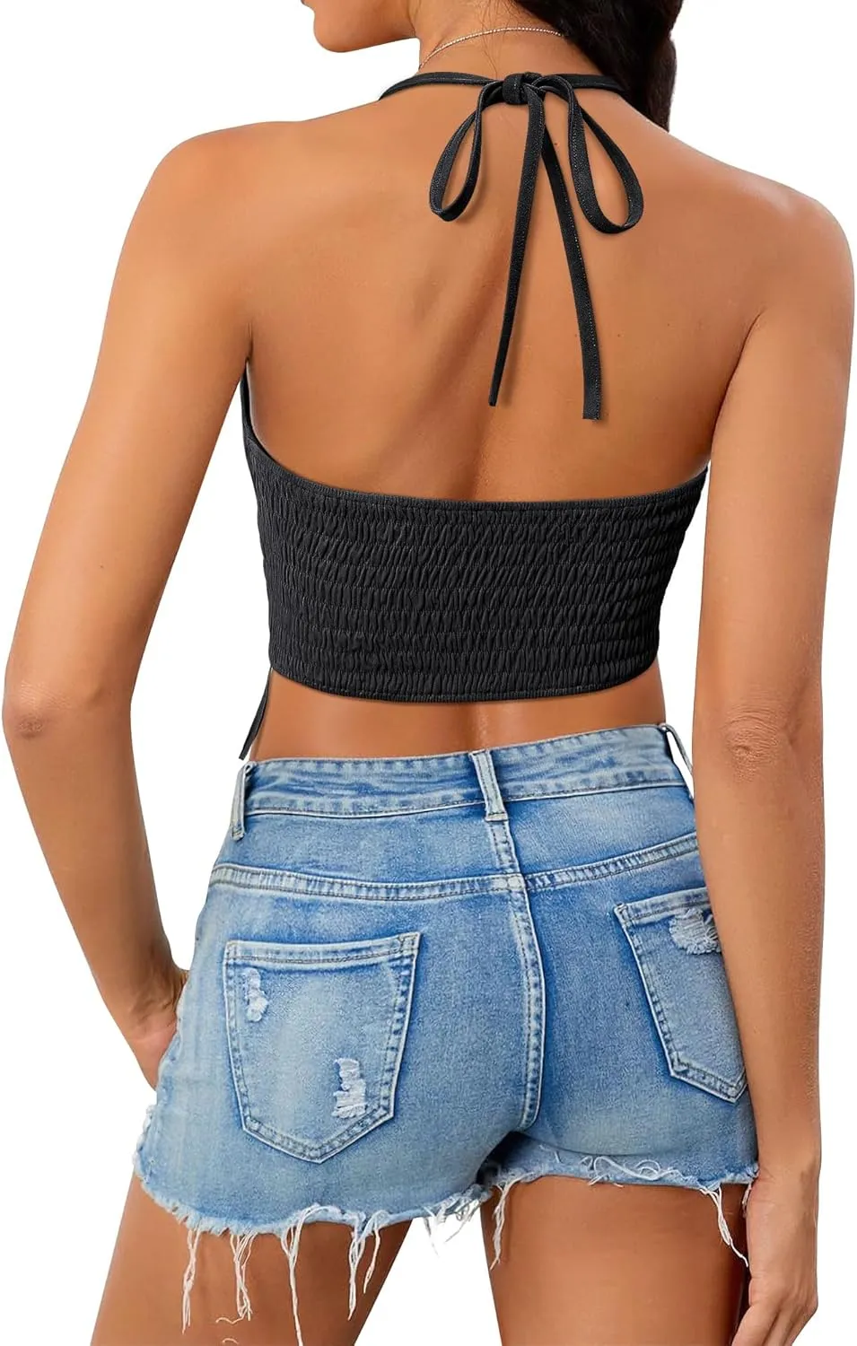 MYMORE Womens Sparkly Rhinestone Fringe Faux Suede Halter Top Western Cowgirl Crop Top Shirt Nashville Country Concert Outfit