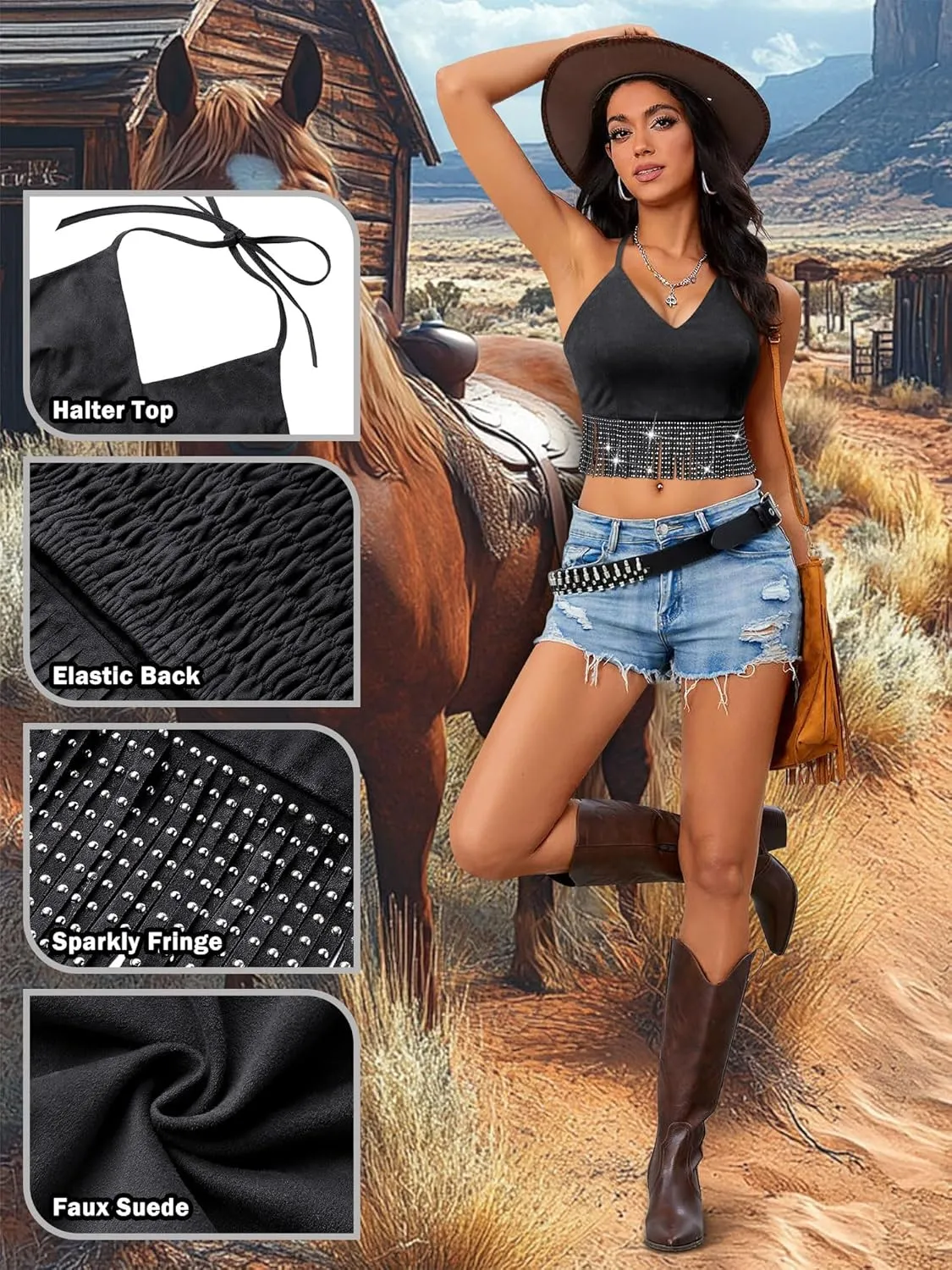MYMORE Womens Sparkly Rhinestone Fringe Faux Suede Halter Top Western Cowgirl Crop Top Shirt Nashville Country Concert Outfit