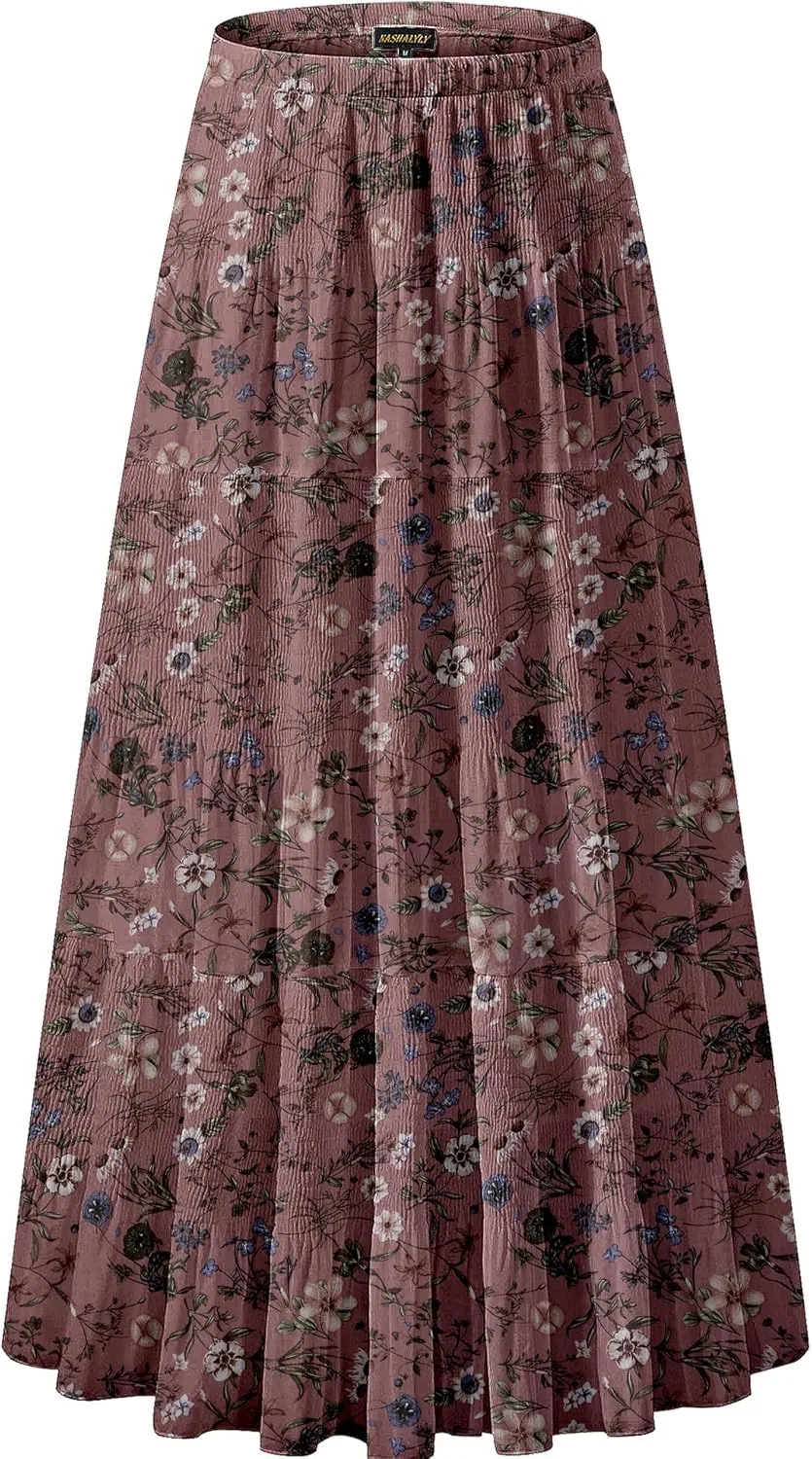 NASHALYLY Women's Chiffon Elastic High Waist Pleated A-Line Flared Maxi Skirts