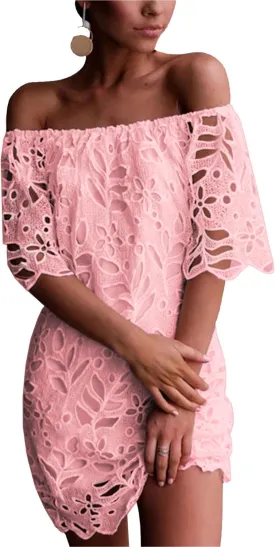 PRETTYGARDEN Women's Summer Off Shoulder Dresses Floral Lace Flare Short Sleeve Spring Vintage Elegant Mini Dress