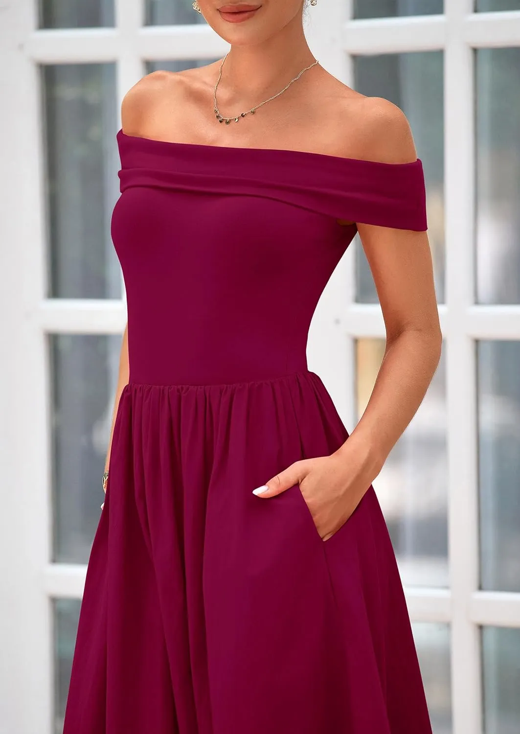 PRETTYGARDEN Womens Summer Off Shoulder Sleeveless Midi Dress Cocktail A Line Flowy Wedding Guest Dresses with Pockets