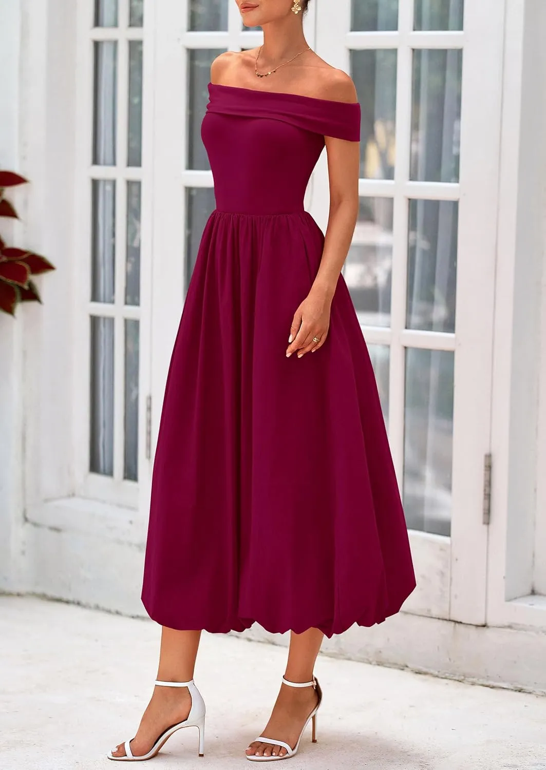 PRETTYGARDEN Womens Summer Off Shoulder Sleeveless Midi Dress Cocktail A Line Flowy Wedding Guest Dresses with Pockets