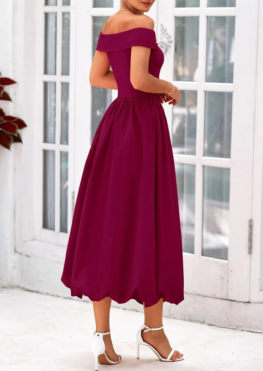 PRETTYGARDEN Womens Summer Off Shoulder Sleeveless Midi Dress Cocktail A Line Flowy Wedding Guest Dresses with Pockets