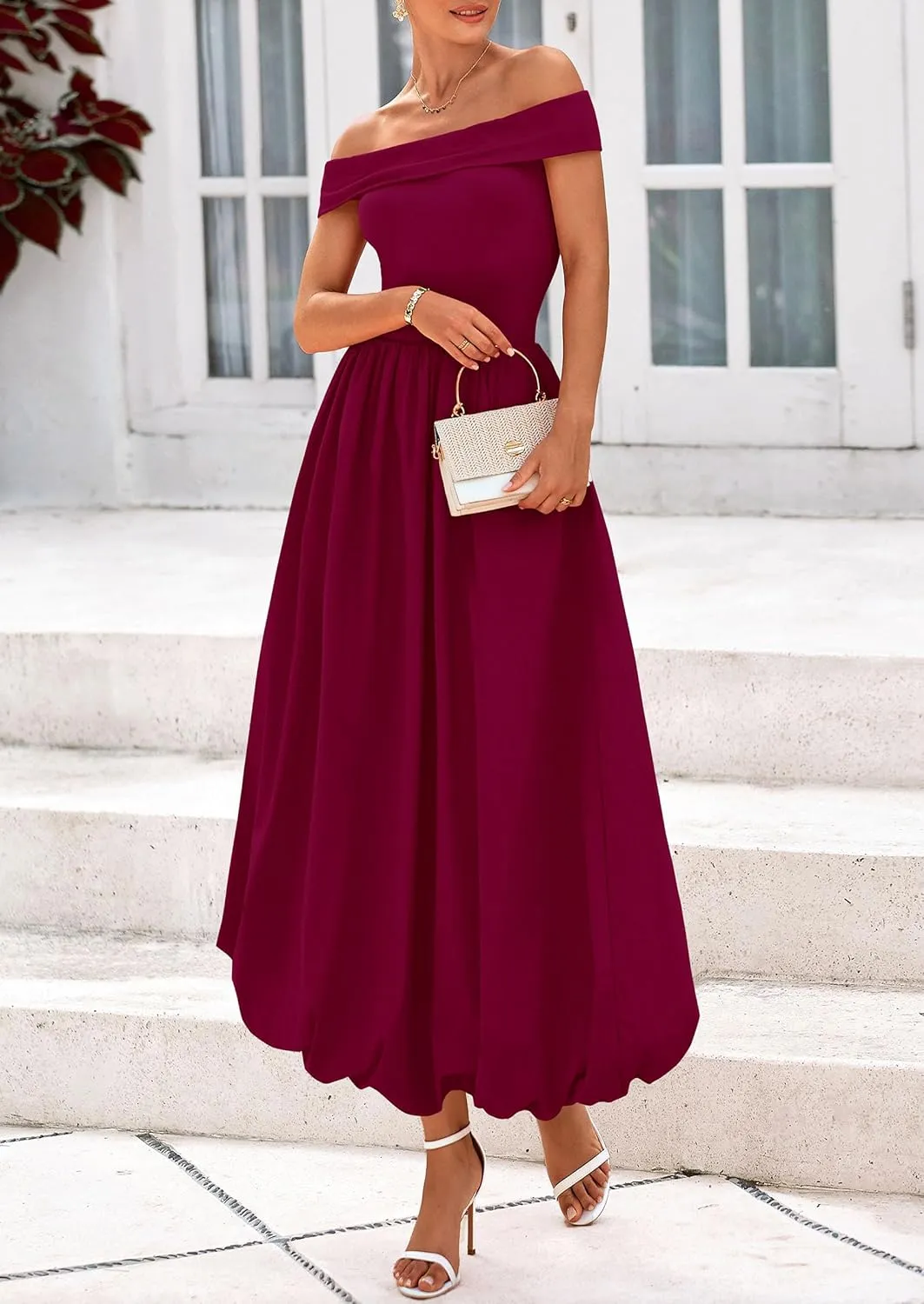 PRETTYGARDEN Womens Summer Off Shoulder Sleeveless Midi Dress Cocktail A Line Flowy Wedding Guest Dresses with Pockets