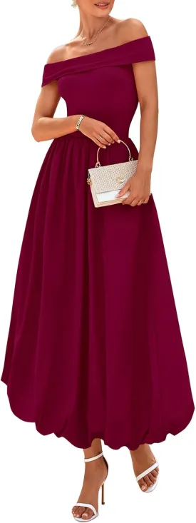 PRETTYGARDEN Womens Summer Off Shoulder Sleeveless Midi Dress Cocktail A Line Flowy Wedding Guest Dresses with Pockets