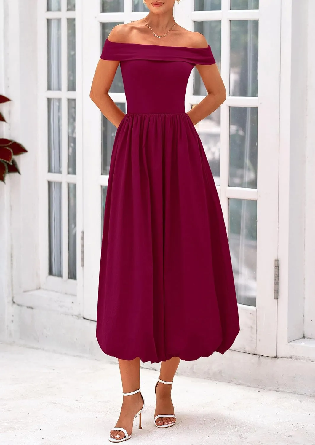 PRETTYGARDEN Womens Summer Off Shoulder Sleeveless Midi Dress Cocktail A Line Flowy Wedding Guest Dresses with Pockets