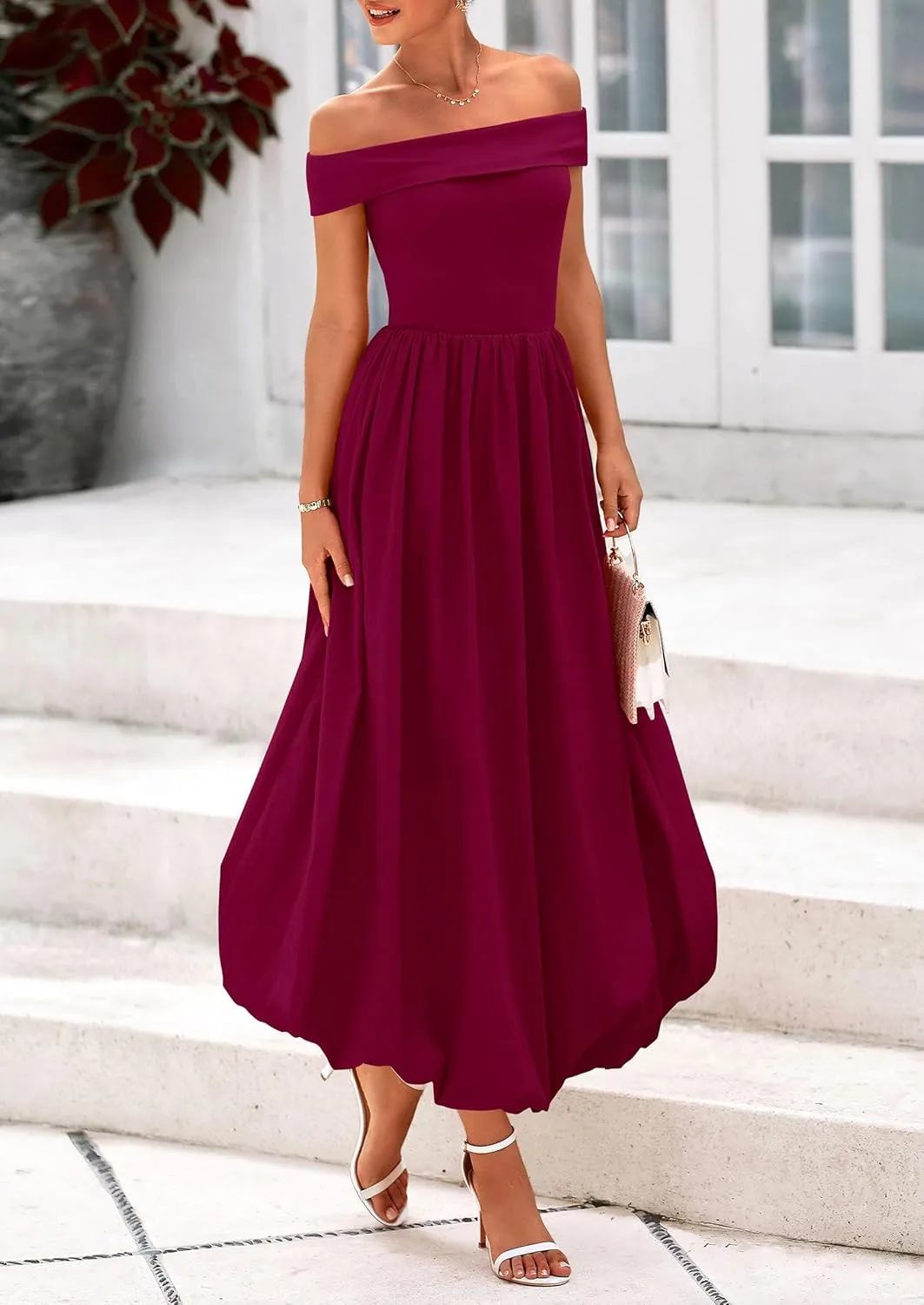 PRETTYGARDEN Womens Summer Off Shoulder Sleeveless Midi Dress Cocktail A Line Flowy Wedding Guest Dresses with Pockets
