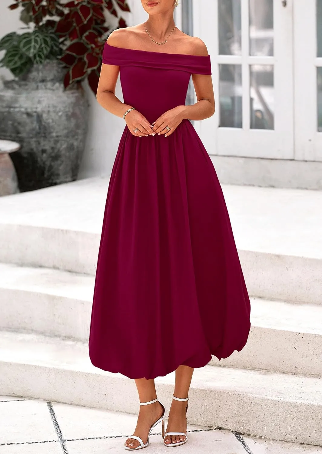 PRETTYGARDEN Womens Summer Off Shoulder Sleeveless Midi Dress Cocktail A Line Flowy Wedding Guest Dresses with Pockets