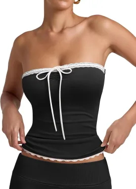 REORIA Women's Y2K Cute Tube Top Double Lined Strapless Backless Sleeveless Crop Top for Summer 2025 Going Out