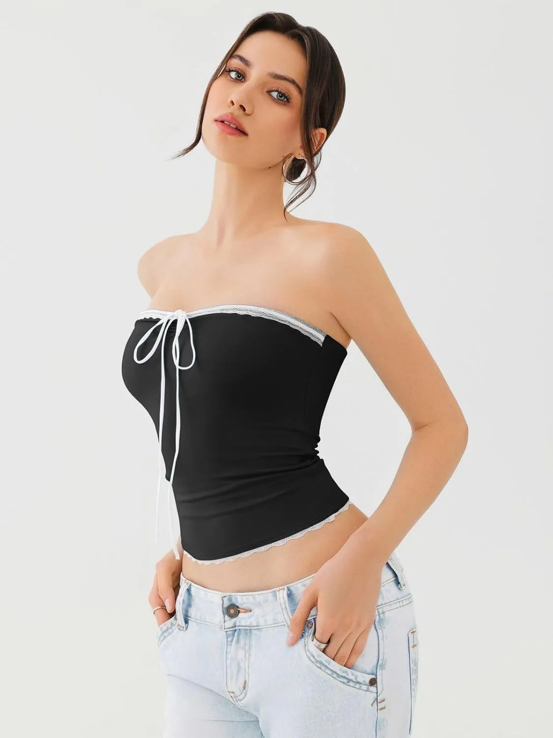 REORIA Women's Y2K Cute Tube Top Double Lined Strapless Backless Sleeveless Crop Top for Summer 2025 Going Out