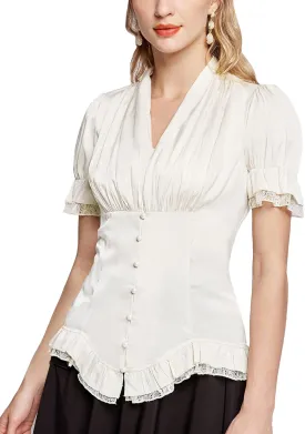 Scarlet Darkness Women 2024 Summer Short Sleeve Shirt Dressy Victorian Blouse Lace Up Top