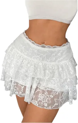 SHENHE Women's Floral Lace Mini Skirt Y2k Low Waist Ruffle Hem Fairycore Layered Skirt
