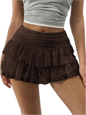 SHENHE Women's Y2k Lace Layered Mini Skirt Ruched A Line Cute Tiered Ruffle Skirt