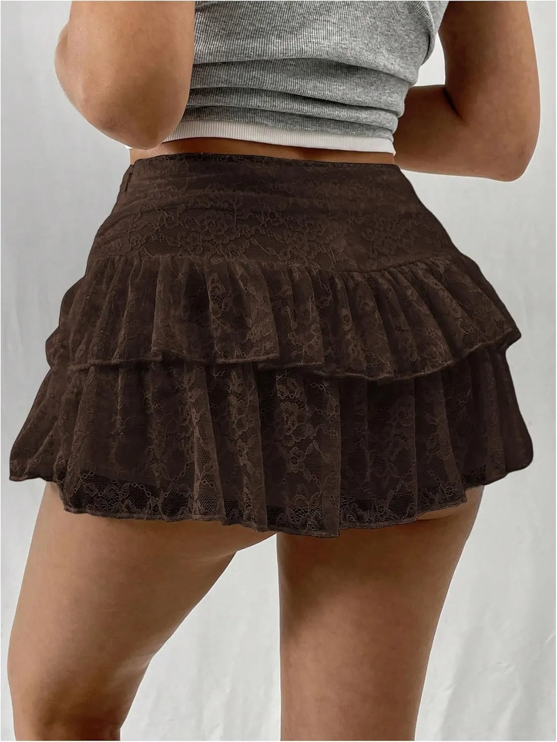 SHENHE Women's Y2k Lace Layered Mini Skirt Ruched A Line Cute Tiered Ruffle Skirt