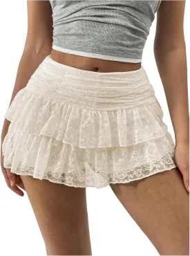 SHENHE Women's Y2k Lace Layered Mini Skirt Ruched A Line Cute Tiered Ruffle Skirt
