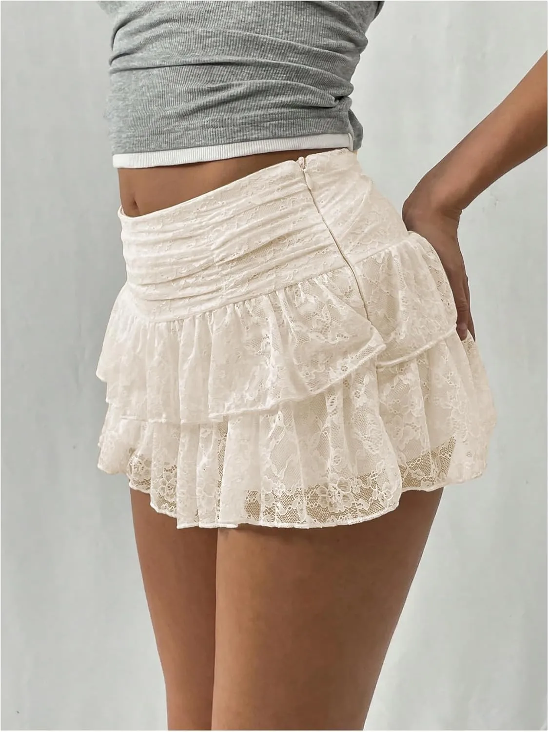 SHENHE Women's Y2k Lace Layered Mini Skirt Ruched A Line Cute Tiered Ruffle Skirt