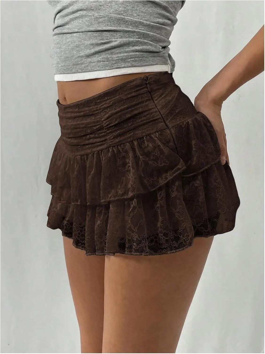 SHENHE Women's Y2k Lace Layered Mini Skirt Ruched A Line Cute Tiered Ruffle Skirt