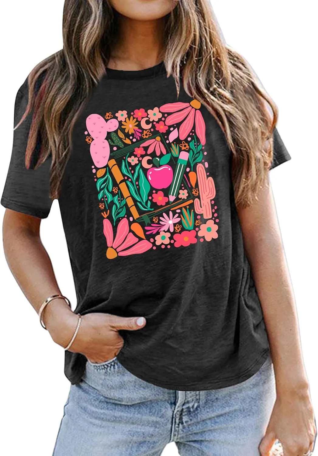 Teacher Shirts Women: Retro Floral Teach Shirt Teacher Life T-Shirt Casual Inspirational Tops