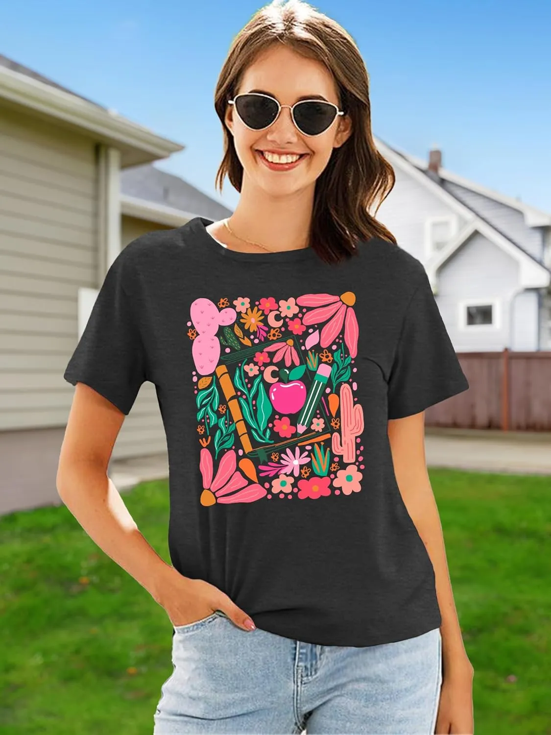 Teacher Shirts Women: Retro Floral Teach Shirt Teacher Life T-Shirt Casual Inspirational Tops