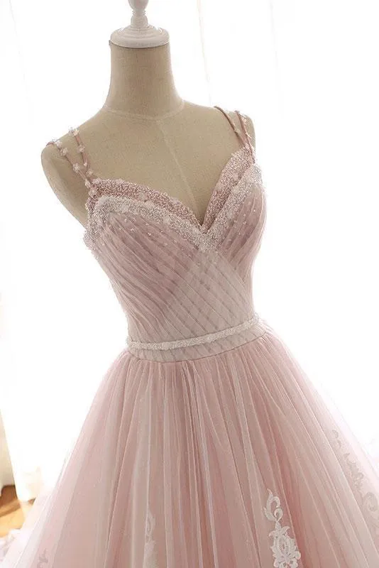 Unique A Line Pink Sweetheart Tulle Spaghetti Straps Long Lace Prom SWK14303