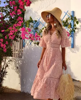 V-neck short sleeve hollow single-breasted lace dress