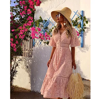 V-neck short sleeve hollow single-breasted lace dress